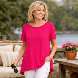 Susan Graver Pink Liquid Knit Tunic Top Size M Short Sleeve A-Line High-Low